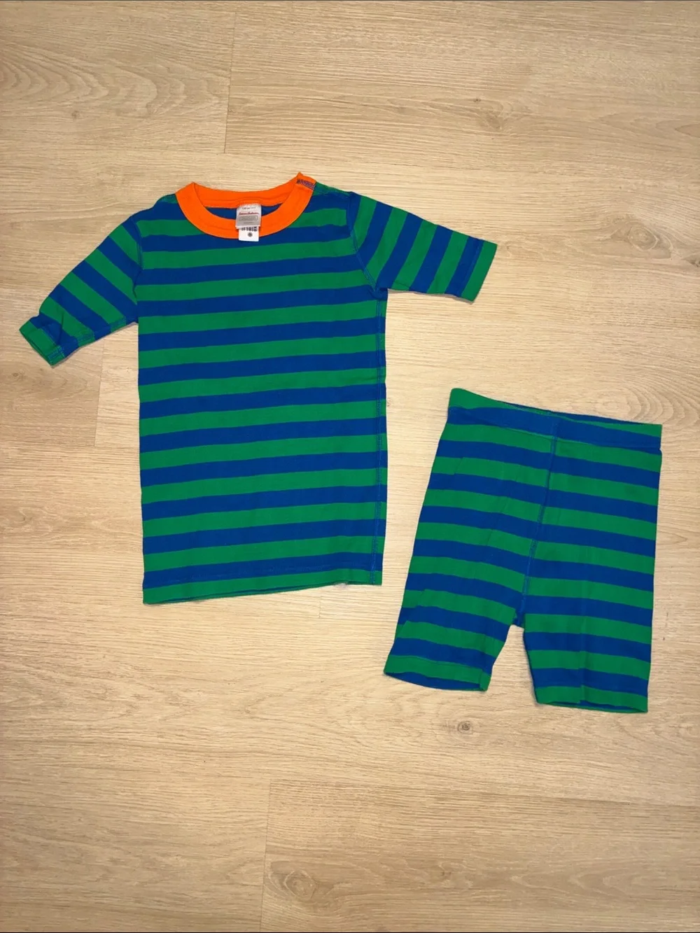Hanna Andersson Striped Green & Blue Pajama Set with Orange Neck Trim